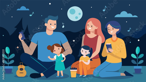 As the night goes on the family gets lost in the music forgetting about their worries and concerns. Vector illustration