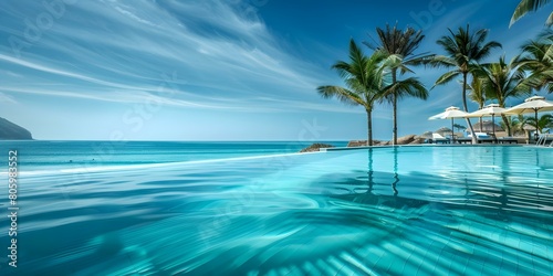 Beachside Paradise  Luxury Resort with Pool  Palm Trees  and Blue Sky. Concept Beachside Paradise  Luxury Resort  Poolside Vibes  Palm Tree Views  Sunny Destination