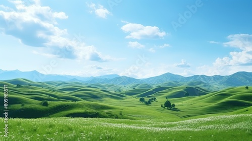 Panoramic view of green hills with clouds and blue sky seen from the plateau. Summer background. © Alpa