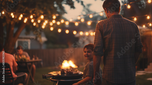 In a touching Father s Day scene  a father and son share a nostalgic moment at a backyard barbecue  surrounded by loved ones  The air is filled with laughter and joy as they bond over grilled food 