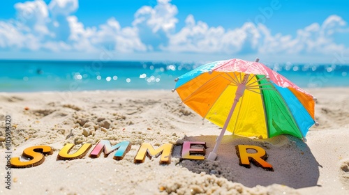 The word SUMMER is written in colorful letters on the sand. A cocktail umbrella is stuck in sand. The sky is blue and there is a blue sea in the background
