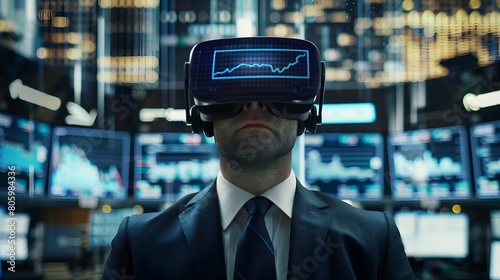 A man wearing a suit and tie, standing in a room with multiple screens displaying financial data. He is wearing a virtual reality headset, and there is a graph on the screen in front of him.