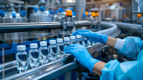 Pharmaceutical scientist wearing sterile gloves inspects medical vials on a production line conveyor belt in a drug manufacturing facility. photo