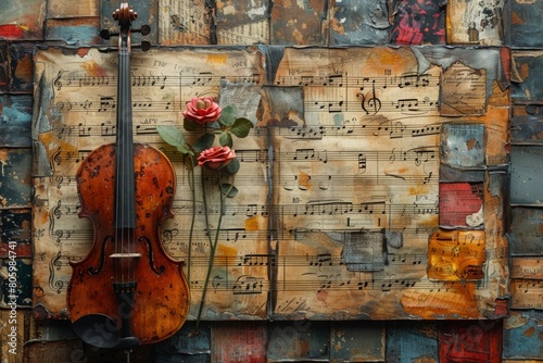 Violin and rose on old music sheet background. Music concept.