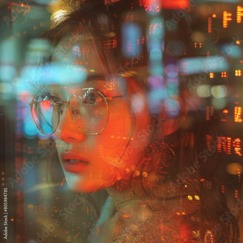 Portrait of a beautiful girl in the city. Double exposure. Reflection