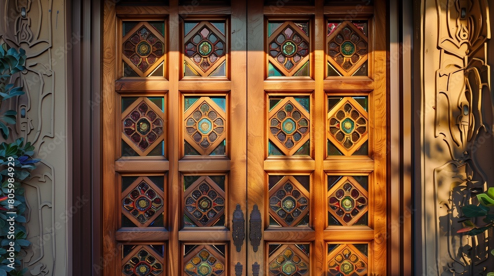 Carved wooden door with an intricate lattice pattern and stained glass inserts