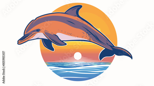 Leaping dolphin graphic against sunset backdrop, vibrant colors, ocean scene. Serene sea mammal illustration, sunset hues, tranquil oceanic setting. Artistic dolphin representation, environment