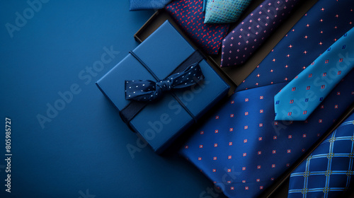 A sleek blue gift box, a stylish notebook, and an array of colorful neckties elegantly arranged on a deep blue background, create a sophisticated and masculine Father's Day composition photo