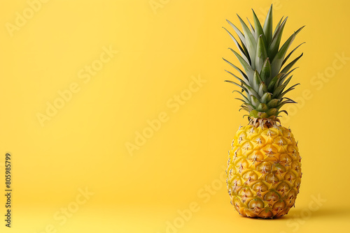 A pineapple standing tall  skin textured and detailed  against a tropical yellow background with copy space for dietary benefits or decorative serving ideas
