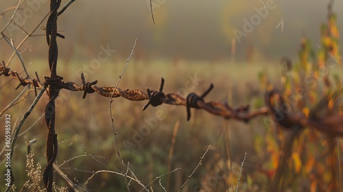 Rural fence, twisted barbed wire close-up, focus on rust, early morning mist