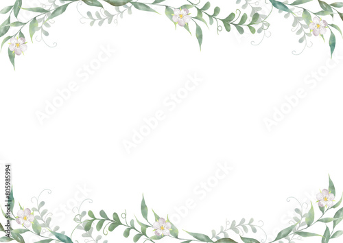 Fototapeta Naklejka Na Ścianę i Meble -  水彩の淡い色の花と葉の上下フレーム