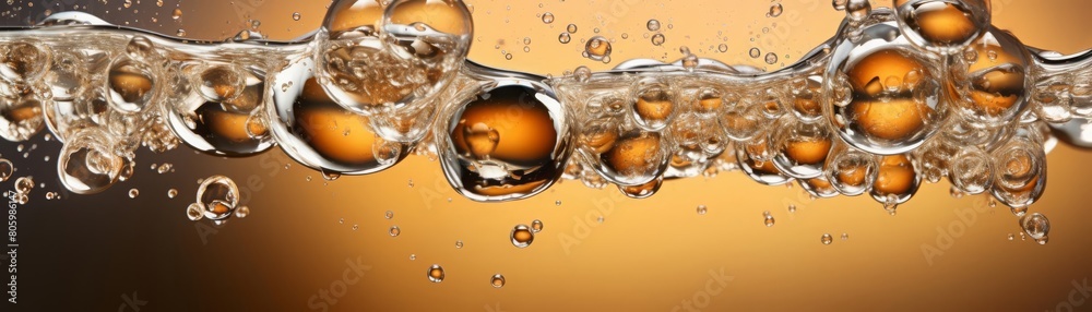 Create an image of amber liquid bubbles floating upwards in slow motion against a warm brown background Create an image of amber liquid bubbles floating upwards in slow motion against a warm brown background