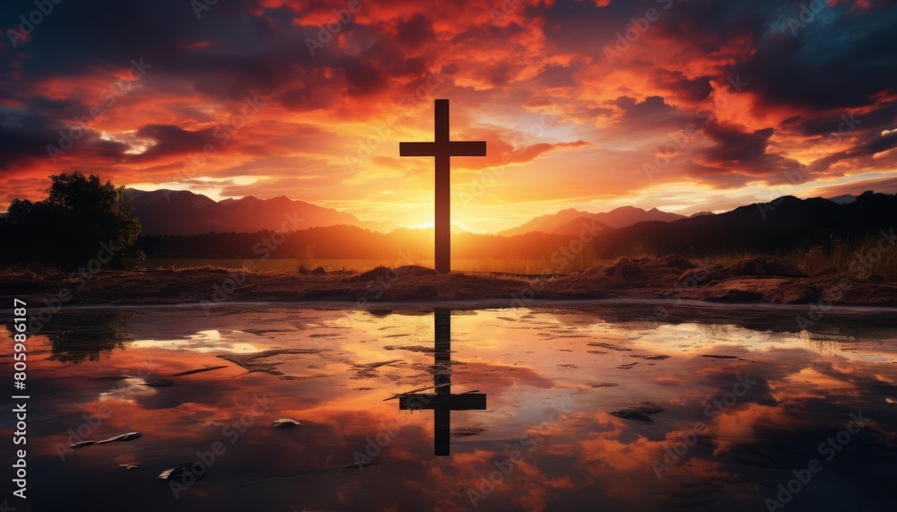 A beautiful landscape image of a cross at sunset with a reflection on the water. The sky is a vibrant orange and the cross is dark brown. The image is peaceful and serene.