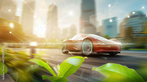 The sleek red sports car represents the cutting-edge technology and innovation that drives the automotive industry forward, while the green leaves symbolize the eco-friendly and su photo