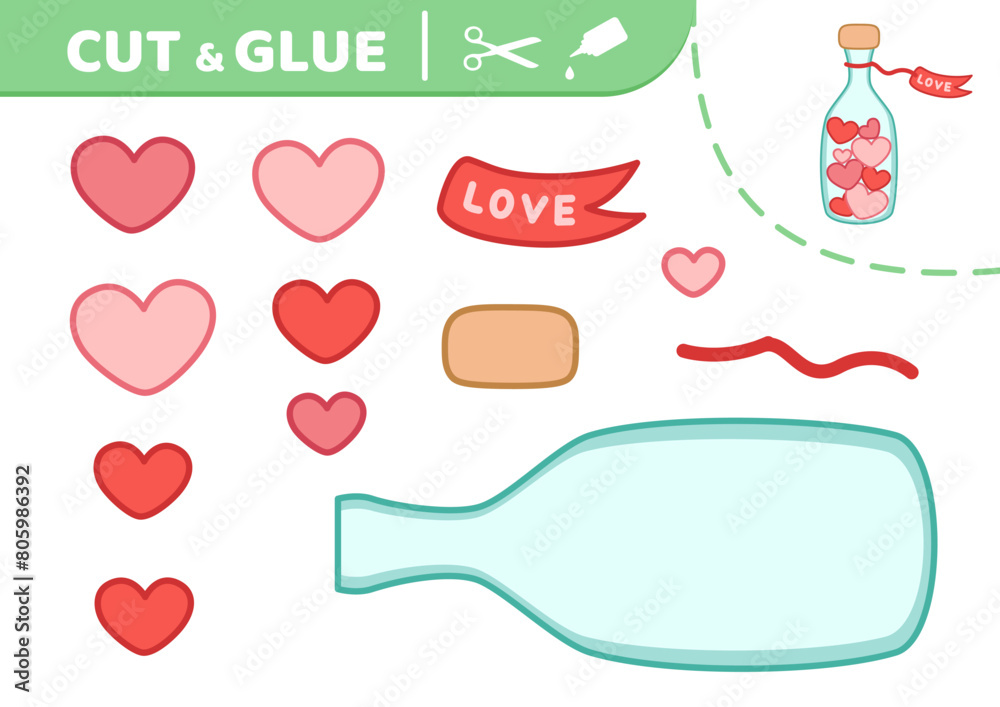 Bottle with hearts. Cut and glue. Bottle. Applique. Paper game. Vector Bottle with hearts. Cut and glue. Bottle. Applique. Paper game. Vector