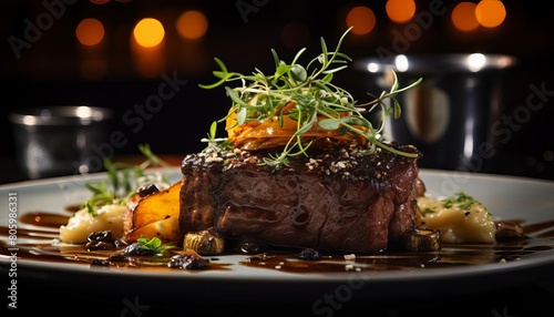 A delicious and tender steak, cooked to perfection, is the star of the show