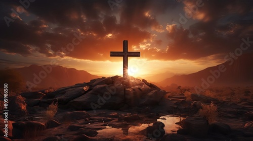 A large wooden cross stands on a rocky hilltop at sunset. photo