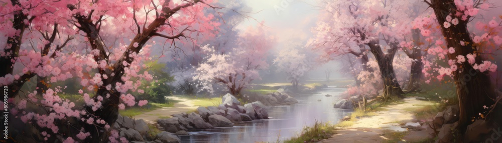 A beautiful landscape painting of a cherry blossom forest with a river running through it
