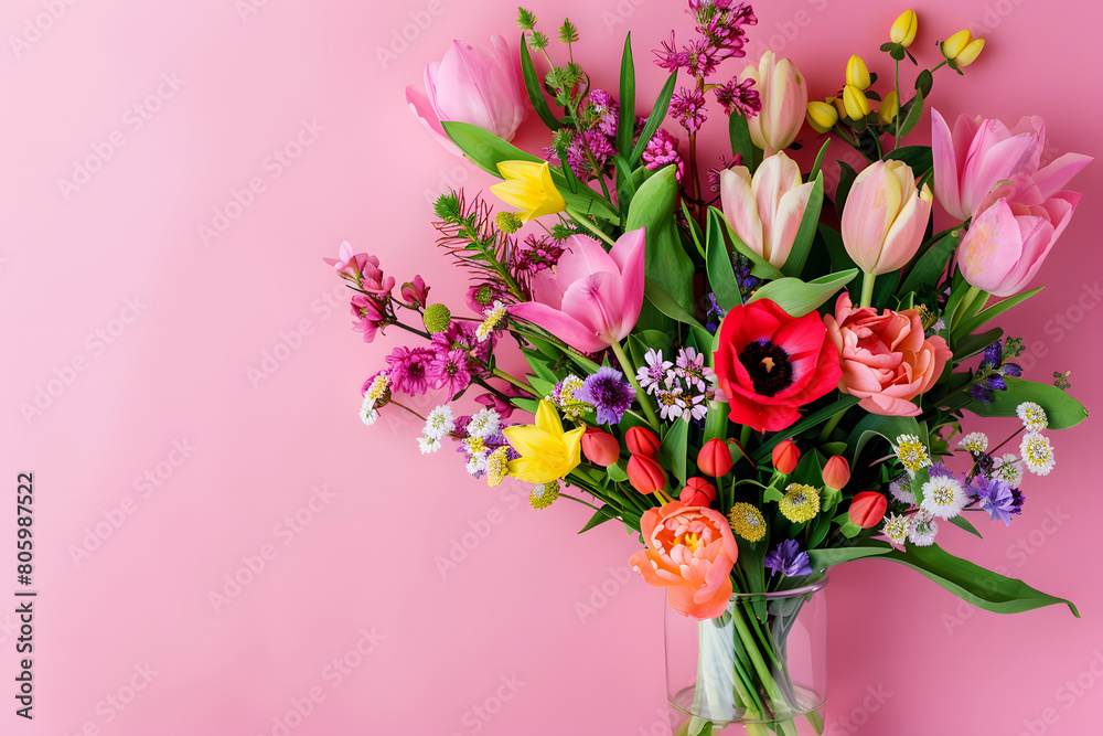 A bouquet of bright spring flowers in a vase, fresh and vibrant, against a floral display pink background with copy space for florists or spring events