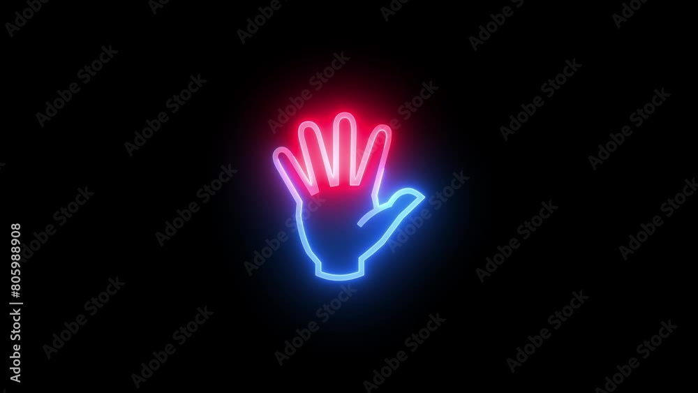 Neon hand up icon blue red color glowing animated black background Neon hand up icon blue red color glowing animated black background