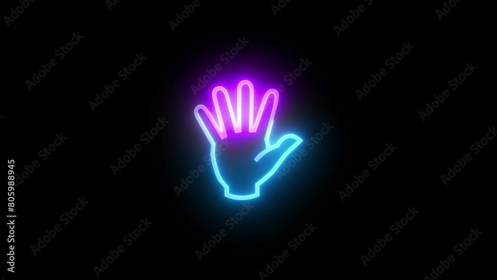 Neon hand up icon cyan purple color glowing animated black background Neon hand up icon cyan purple color glowing animated black background