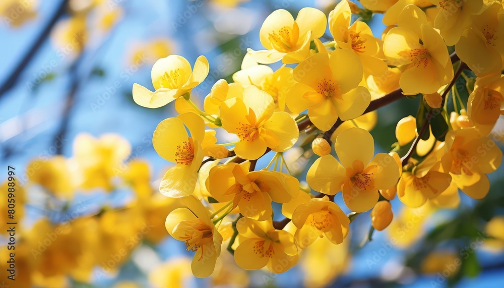 Enhance the details of the yellow flower petals and add more vibrant colors to the image. Make the background a soft blue and add a warm glow to the petals. Enhance the details of the yellow flower petals and add more vibrant colors to the image. Make the background a soft blue and add a warm glow to the petals.