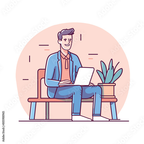 Animated male character sitting bench using laptop, casual clothing, smiling, professional vibe. Young adult, blue jacket, white shirt, plant beside, technology use, freelance working. Happy