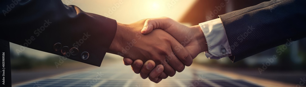 Two business people shaking hands with a solar farm in the background. Two business people shaking hands with a solar farm in the background.