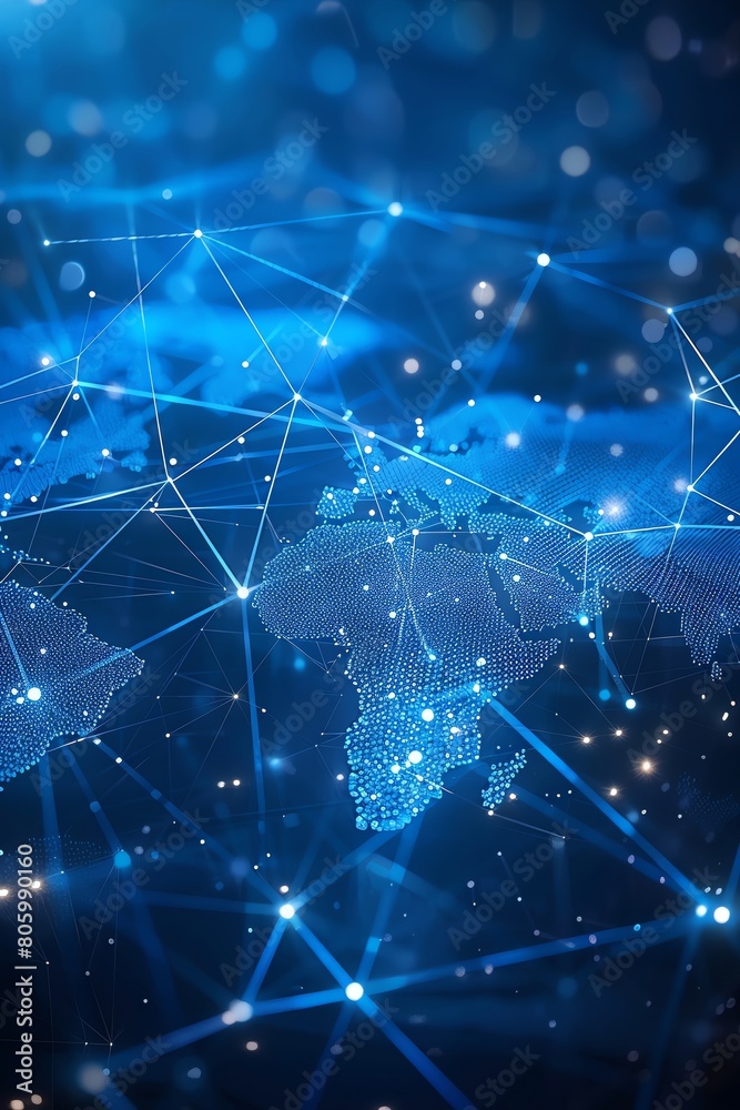 Fototapeta premium A dynamic global business map with connecting lines and nodes on a blue abstract background, symbolizing worldwide trade connections