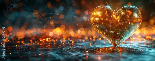 A futuristic image of a golden heart floating in a digital space with binary codes shimmering around