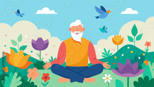 An elderly man sitting in his garden surrounded by colorful flowers and chirping birds as he finds stillness and gratitude through mindful meditation..