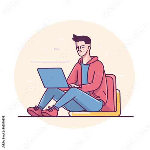 Young male freelancer working remotely using laptop. Man seated floor leaning against cushion casual attire focused task. Student engaged online learning digital nomad lifestyle illustration