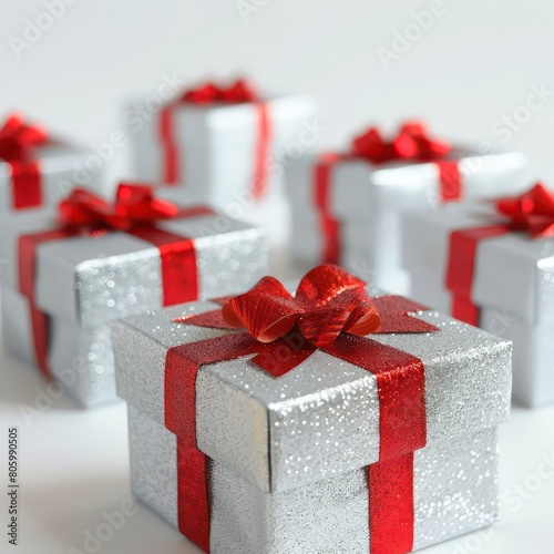 gift boxes wrapped in silver shiny paper photo