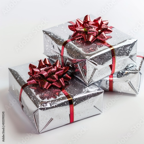 gift boxes wrapped in silver shiny paper photo