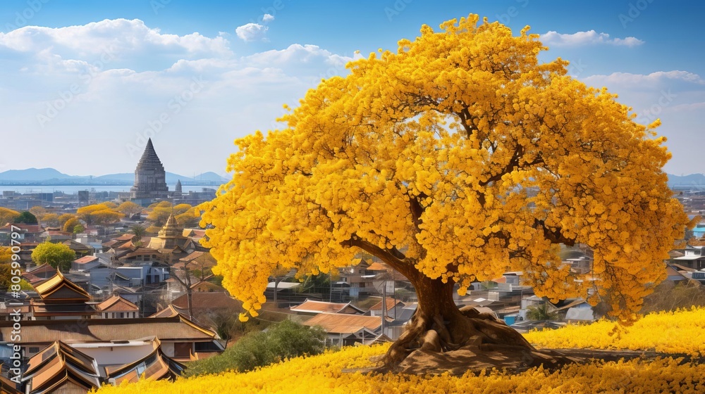 Fototapeta premium A large yellow tree stands in a field of yellow flowers.