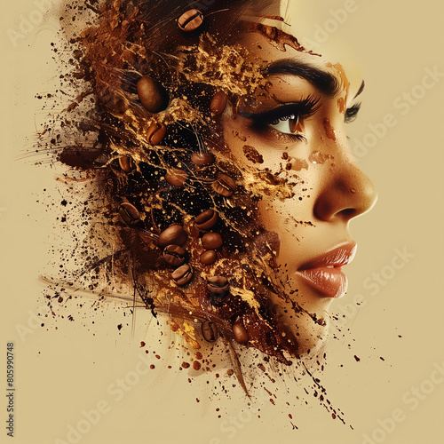 Beauty portrait of young woman with coffee beans on her face.
