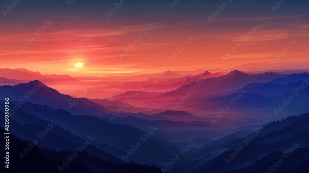 Stunning sunset over misty mountain ranges with layers of warm orange and cool blue hues. Stunning sunset over misty mountain ranges with layers of warm orange and cool blue hues.