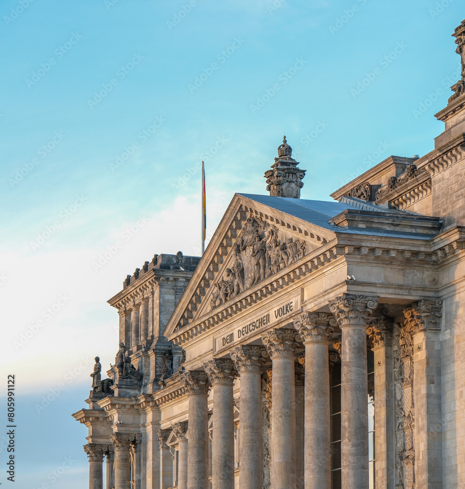 Fototapeta premium High resolution photograph of the Reichstag, the German Parliament, at sunset. German politics and the symbol of Germany