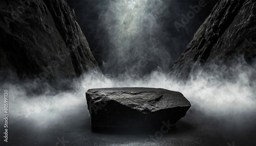 Empty black rock podium, pedestal for display mockup or products presentation. On background black rock walls with white smoke or fog and a light beam illuminating the base from above. Generative Ai. photo