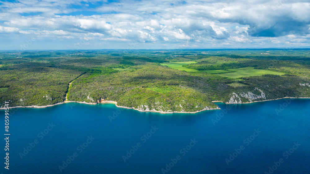 Limski kanal, also known as Limski fjord, is a breathtaking natural wonder located near Rovinj and Poreč on the western coast of Istria, Croatia captured by drone