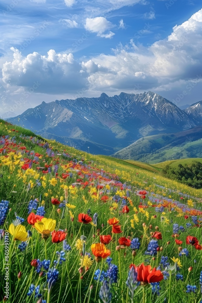 Bright colors, nature, vast grasslands, colorful flower seas, red, yellow, blue, and other colors of flowers, mountain slopes, blue sky and white clouds, snowy mountains in the background, 