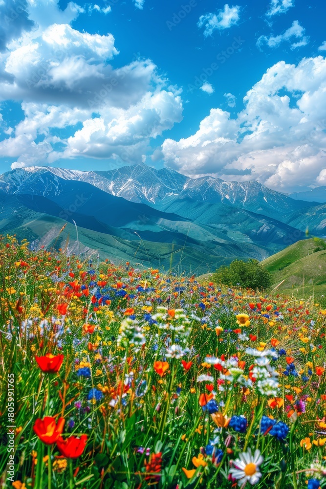 Obraz premium Bright colors, nature, vast grasslands, colorful flower seas, red, yellow, blue, and other colors of flowers, mountain slopes, blue sky and white clouds, snowy mountains in the background,