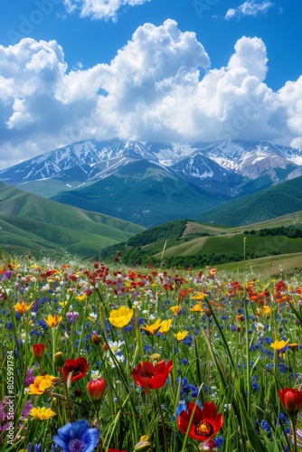 Bright colors  nature  vast grasslands  colorful flower seas  red  yellow  blue  and other colors of flowers  mountain slopes  blue sky and white clouds  snowy mountains in the background 