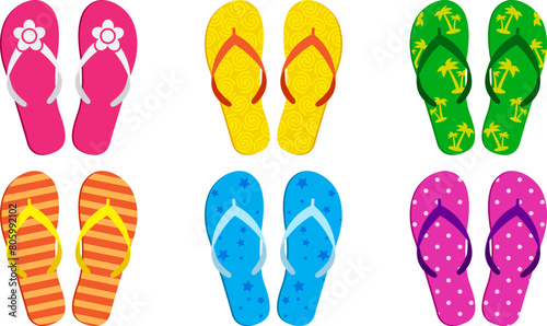 Summer beach slipper, flip flop vector icon, sand sandal, pool shoe set, cartoon rubber footwear isolated on white background. Colorful comic illustration