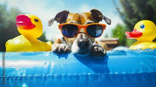 A small dog, like a Jack Russell, is lying on a floating mattress in the sea at the beach. It's having a great time during the summer vacation, wearing cool red sunglasses and has a yellow rubber duck