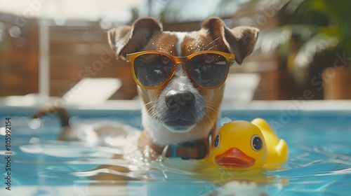 A small dog, like a Jack Russell, is lying on a floating mattress in the sea at the beach. It's having a great time during the summer vacation, wearing cool red sunglasses and has a yellow rubber duck photo