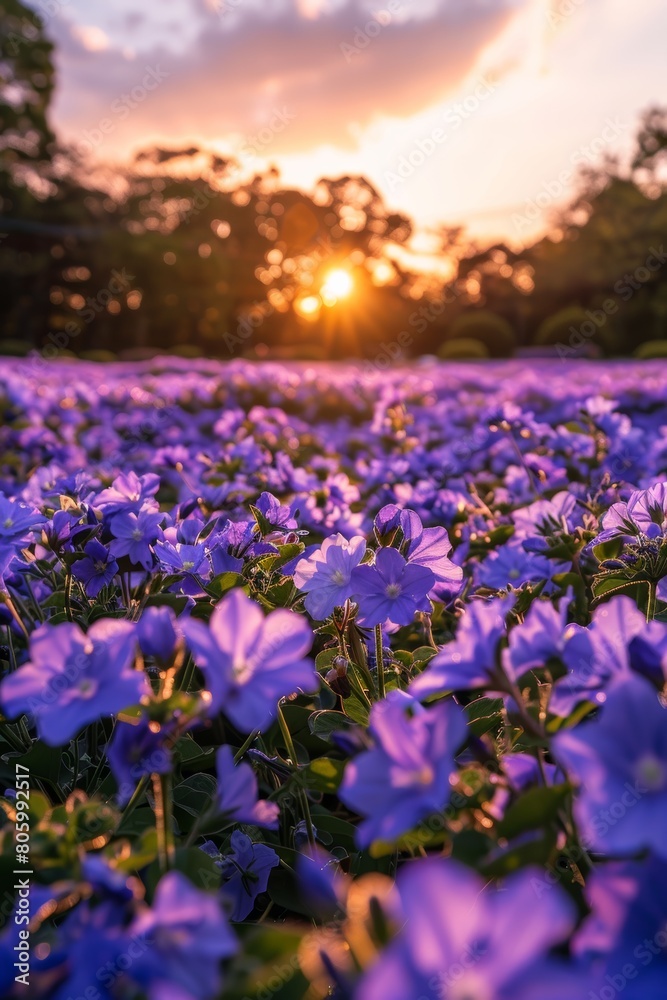 Obraz premium The ground is covered with purple flowers, and the sky in front has a beautiful sunrise. In springtime at Tokyo shinjuku flower park, there is an endless sea of fresh, vibrant Blue Nymbers blooming.
