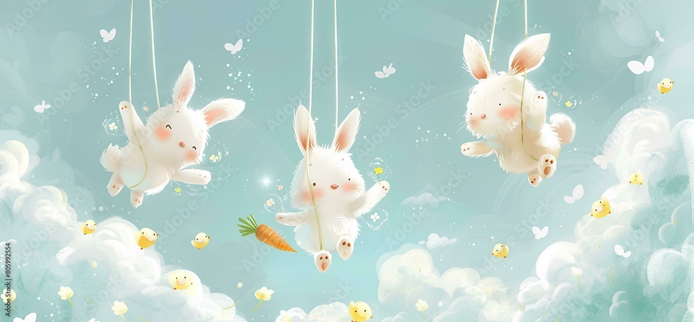 Cute Easter bunny with carrot and chicken on the rope cloud background. Happy Easter concept. Cute Easter bunny with carrot and chicken on the rope cloud background. Happy Easter concept.
