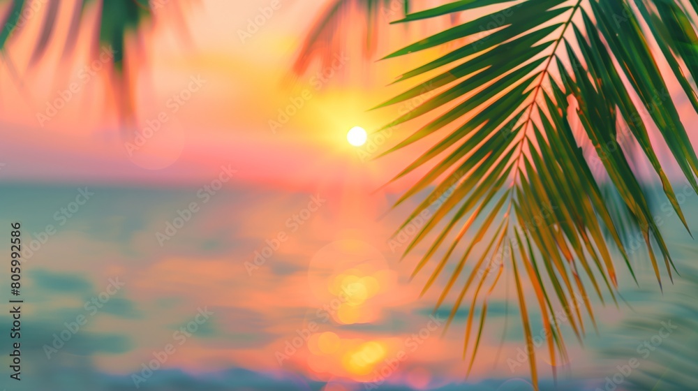 View through green tropical palm leaves on sun setting on sunset, which turns sea water and sky pink colors. Beautiful summer natural tropical landscape. Defocused blurred background. 