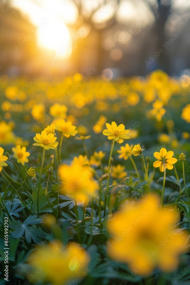 The ground is covered with yellow flowers, and the sky in front has a beautiful sunrise. In springtime at Tokyo shinjuku flower park, there is an endless sea of fresh, vibrant Blue Nymbers blooming. The ground is covered with yellow flowers, and the sky in front has a beautiful sunrise. In springtime at Tokyo shinjuku flower park, there is an endless sea of fresh, vibrant Blue Nymbers blooming.